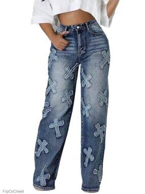 High Waist Baggy Wide Leg Embroidered Denim Jeans